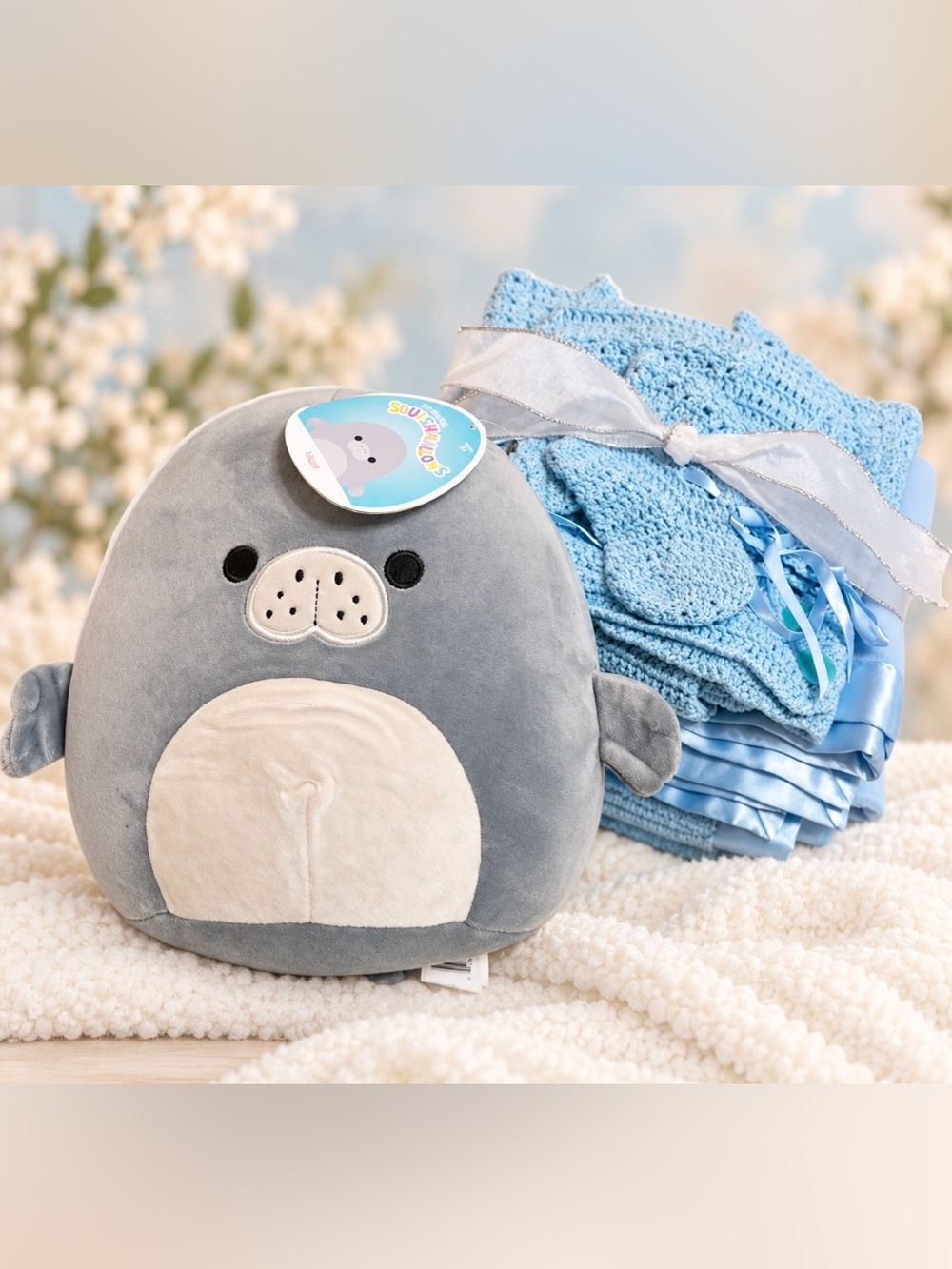 Baby Boy Girl Blue Bundle - New Hand Knitted Outfit, Blanket & Squishmallow
